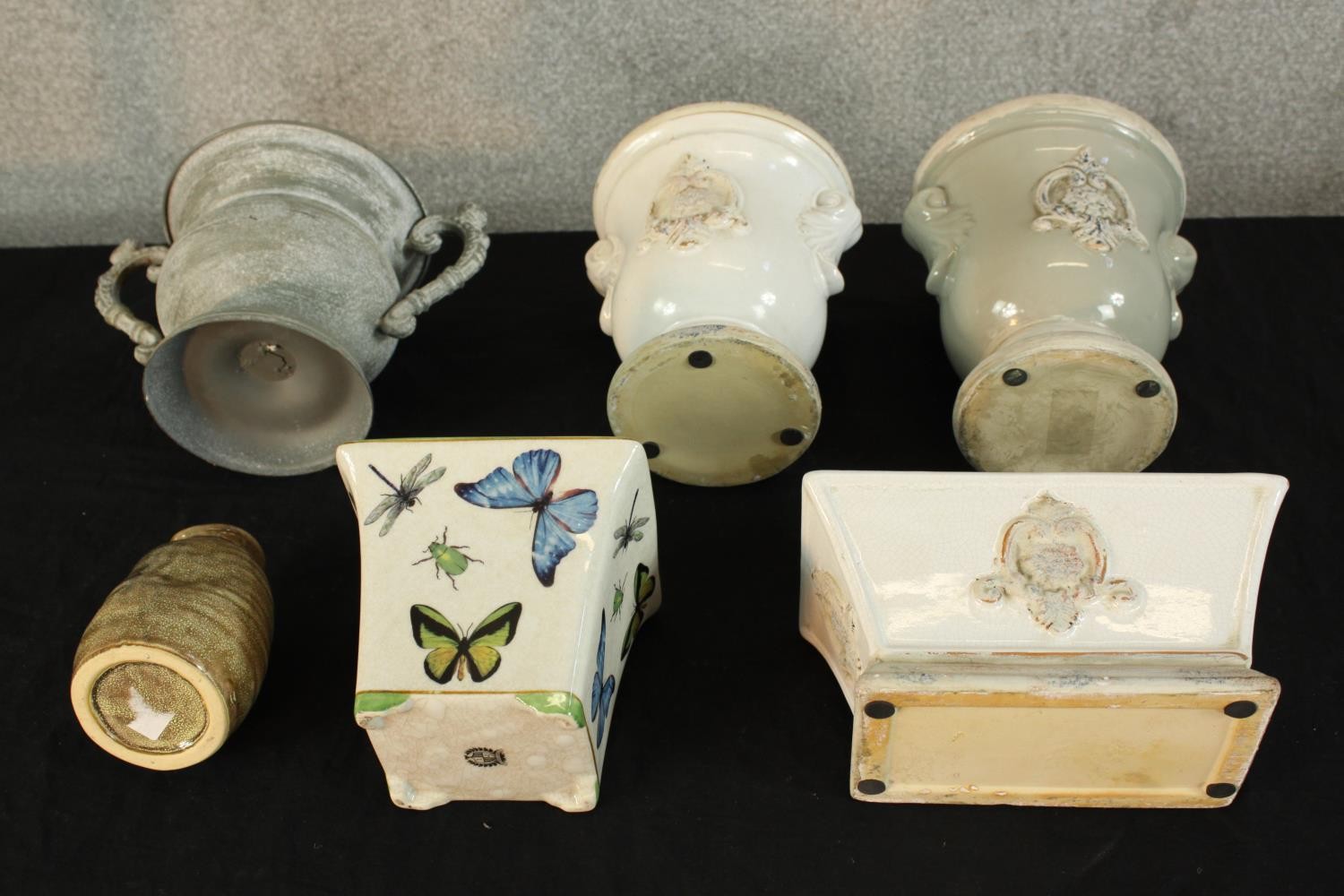 A pair of 20th century painted pottery urn planters together with four other various planters. H. - Image 3 of 3