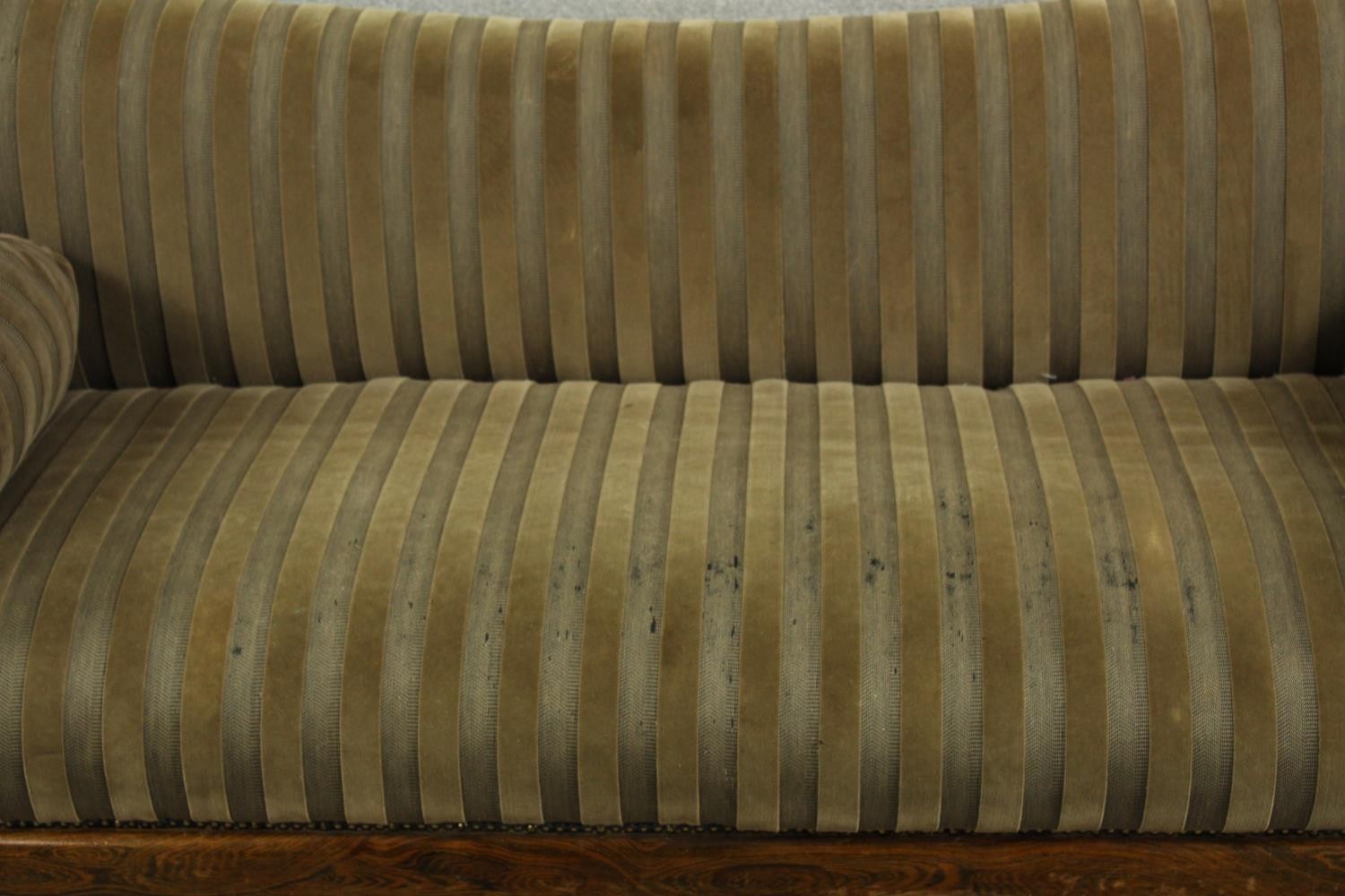 A Regency rosewood framed scroll arm settee upholstered in brown fabric, raised on four outswept - Image 3 of 10