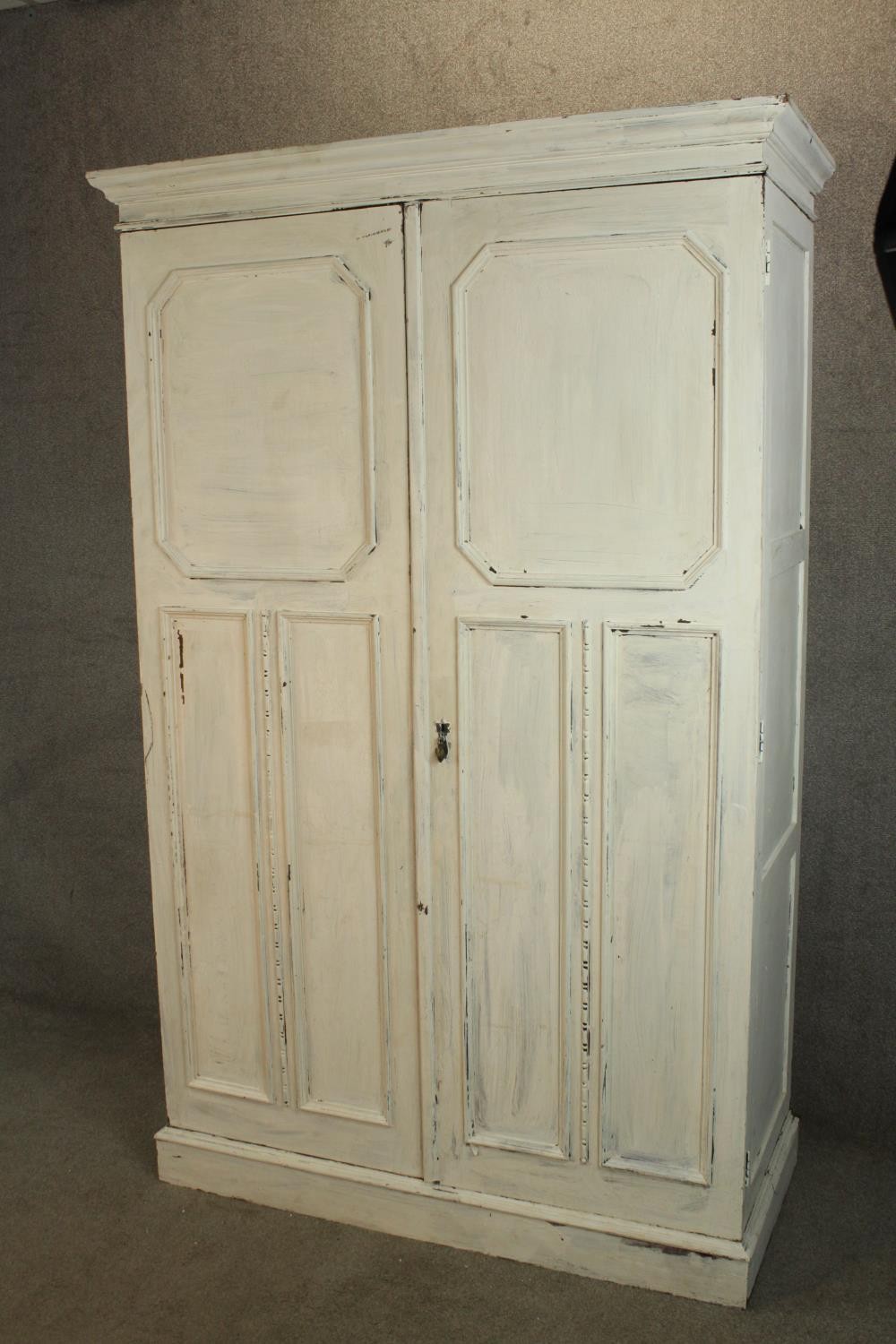 A 1930s white painted oak twin door gentlemen's wardrobe opening to reveal fitted interior raised on - Image 4 of 5