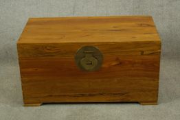 A contemporary Chinese hardwood twin handled travelling trunk raised on shaped bracket feet. H.47