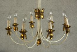 A contemporary painted metal eight branch hanging electrolier with gilt metal mounts. H.66cm.
