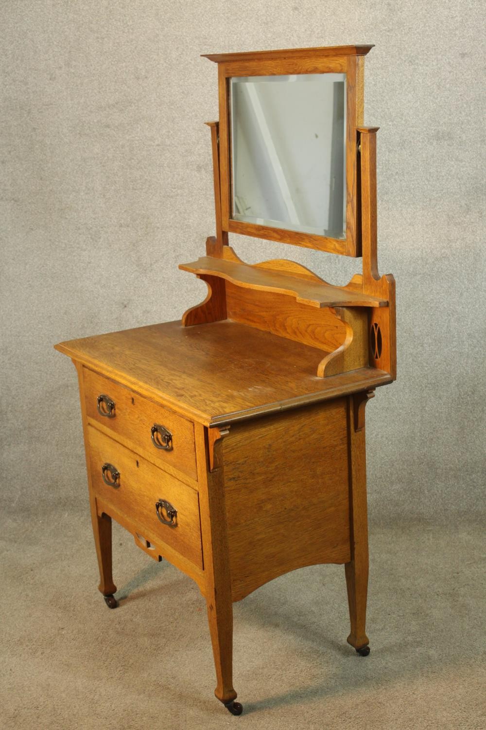 A late 19th/early 20th century mirror back oak two drawer dressing chest raised on turned supports - Image 3 of 4