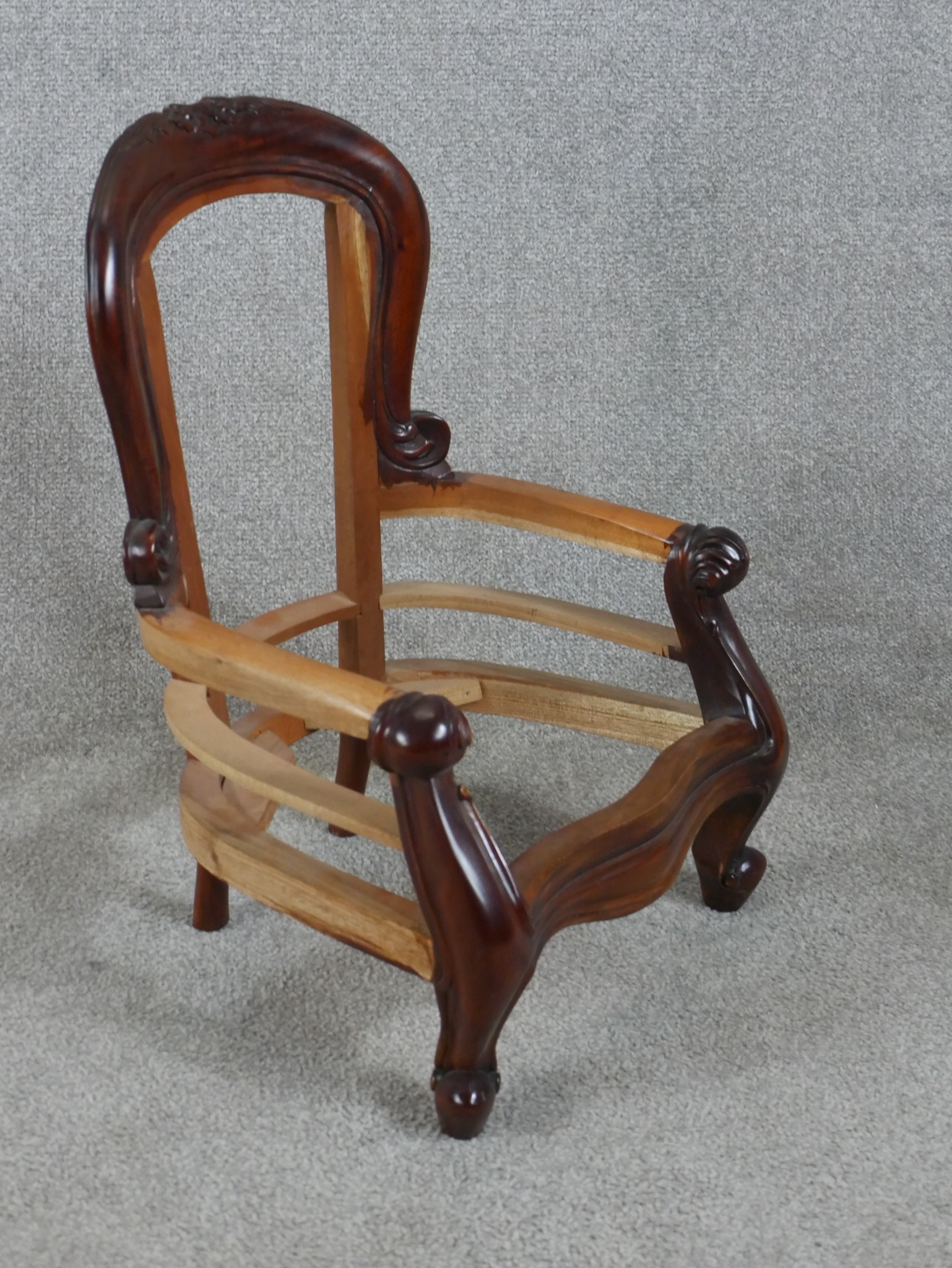 A 19th century mahogany framed child's open arm chair raised on cabriole supports terminating in - Image 4 of 5