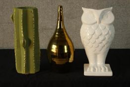 Three 20th century painted vases to include a white painted owl, a green painted cactus style vase
