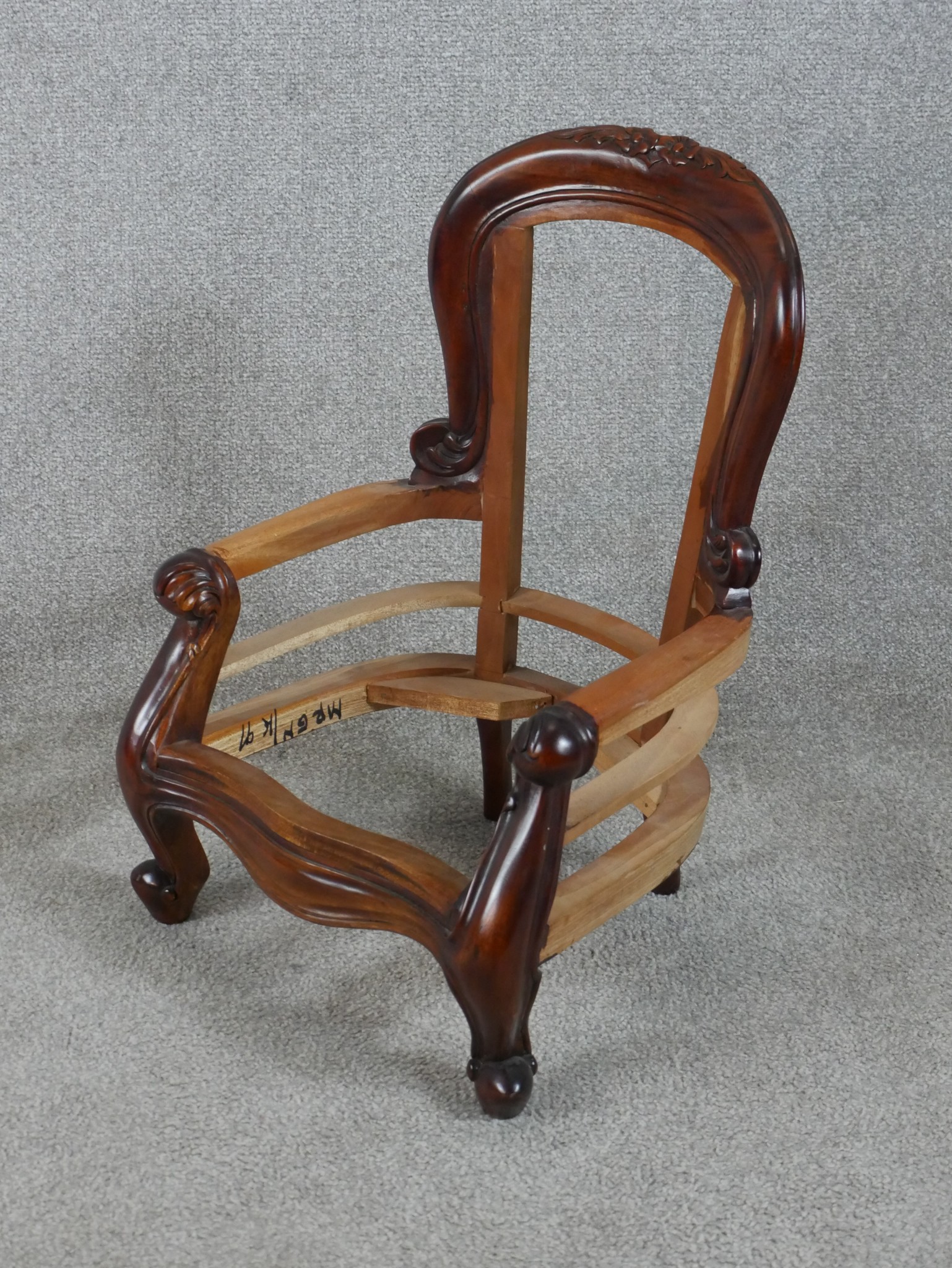 A 19th century mahogany framed child's open arm chair raised on cabriole supports terminating in - Image 5 of 5