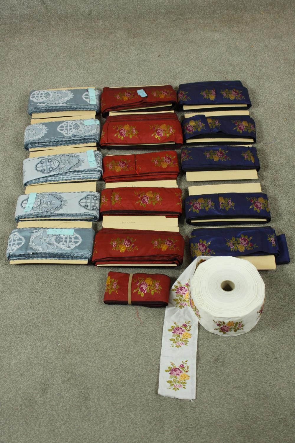 Assorted Danish embroidered silk ribbons and strips of fabric