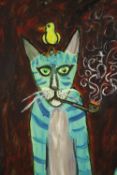 Wolf Howard, Cat and Blue Bird, acrylic on canvas, initialled, titled and dated verso, unframed. H.