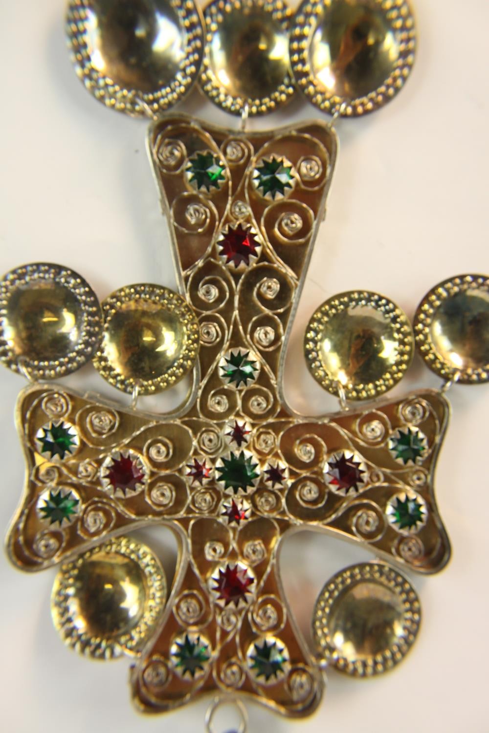 A boxed large statement Swedish silver gilt red and green paste stone set cross on silver chain. - Image 8 of 15