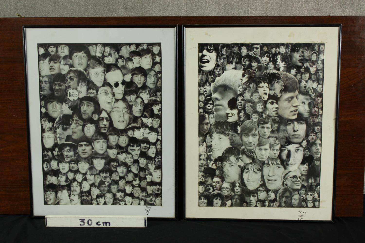 Foxy (Contemporary) two black and white collages of the Rolling Stones and Beatles, each signed. H. - Image 2 of 7