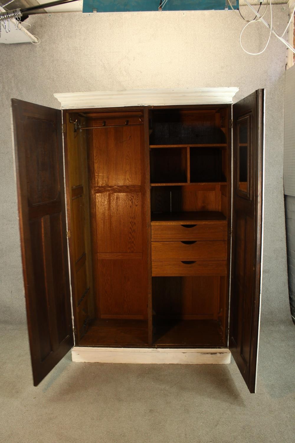 A 1930s white painted oak twin door gentlemen's wardrobe opening to reveal fitted interior raised on - Image 5 of 5