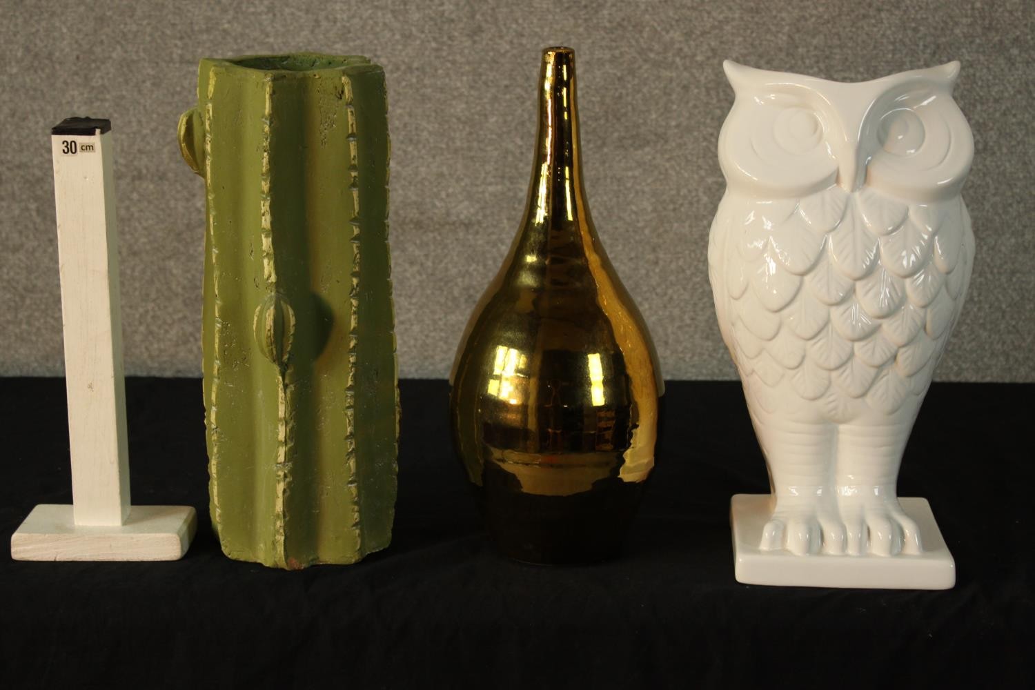 Three 20th century painted vases to include a white painted owl, a green painted cactus style vase - Image 2 of 3