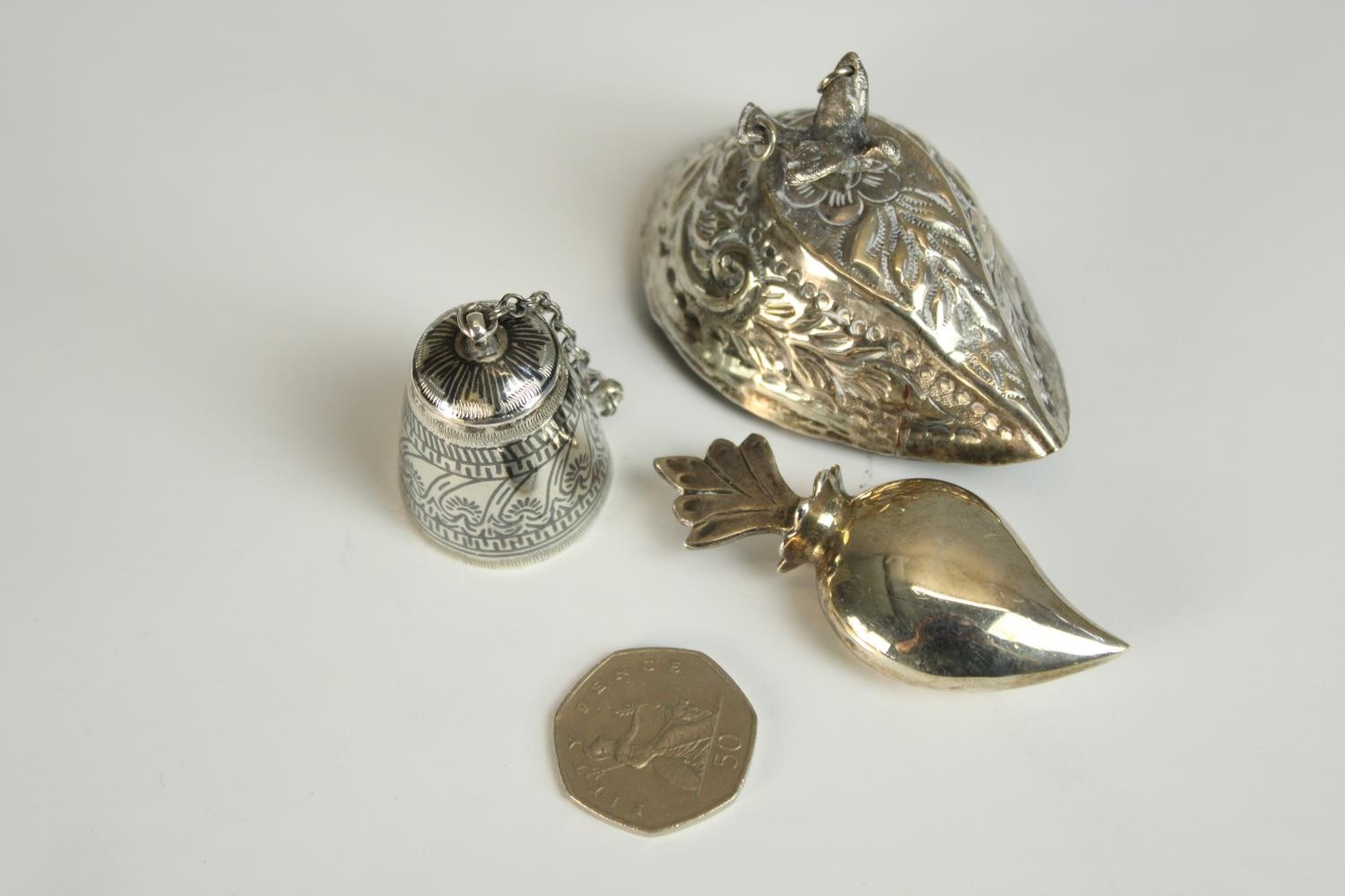 Three pieces of Northern Iraqi silver to include two Kohl jars, one with niello work and a white - Image 3 of 12