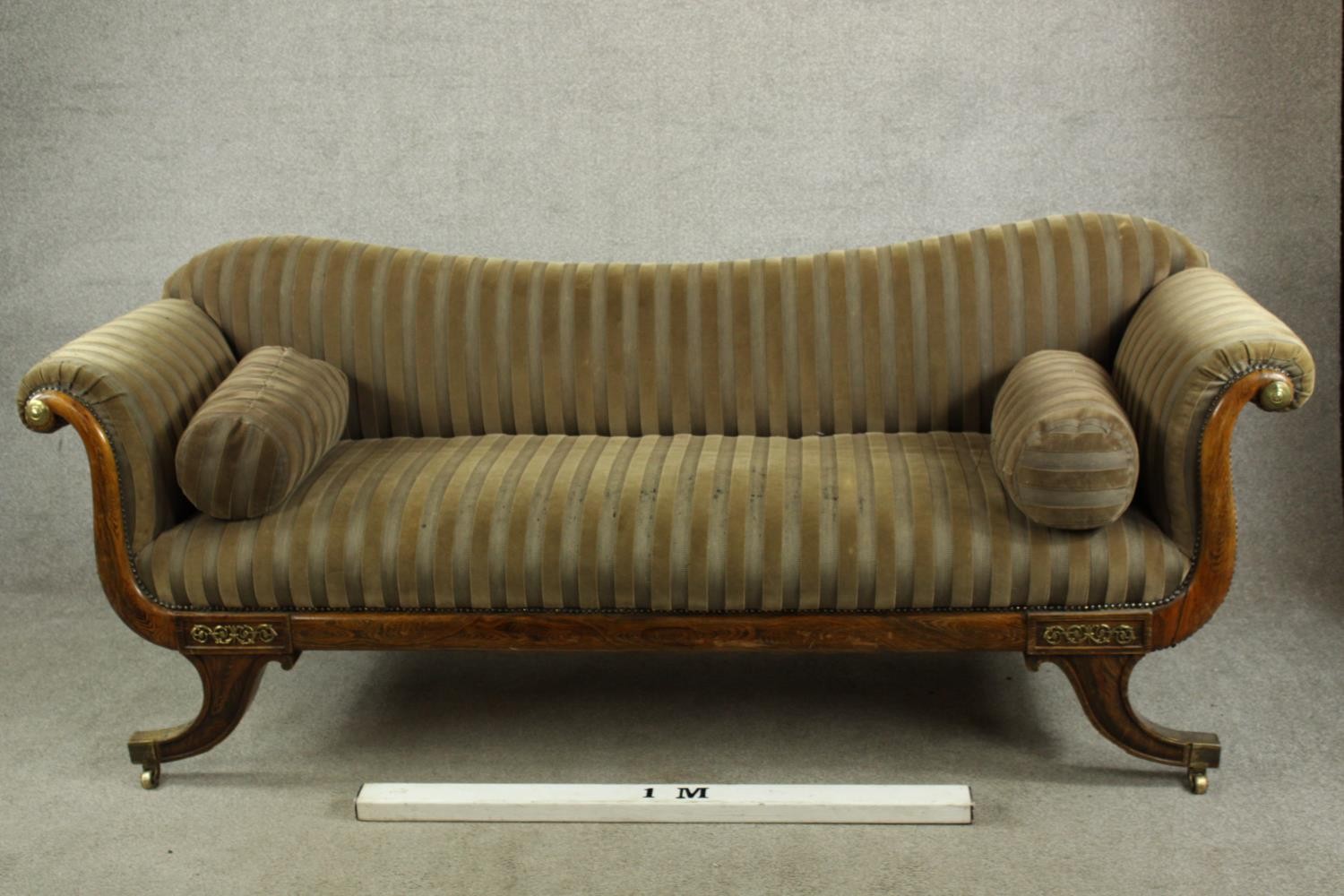 A Regency rosewood framed scroll arm settee upholstered in brown fabric, raised on four outswept - Image 2 of 10