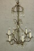 A 20th century gilt metal and cut glass six branch hanging electrolier. H.80cm.
