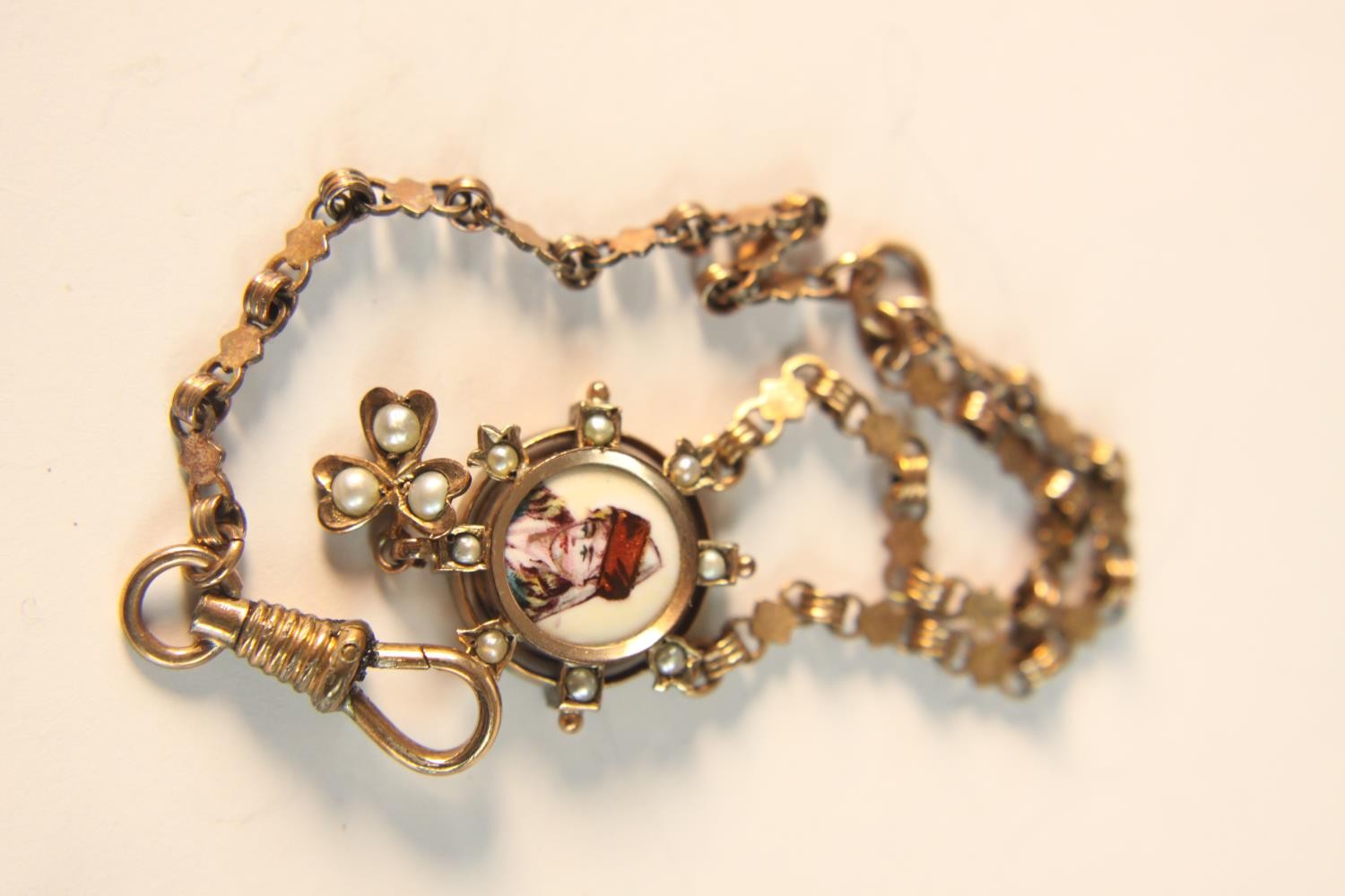 A 19th century rose gold plated watch fob, the end pendant a hand painted portrait on enamel of a - Image 6 of 7