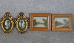 20th century, riverscapes, a pair oil paintings on board, unsigned and framed together with a pair