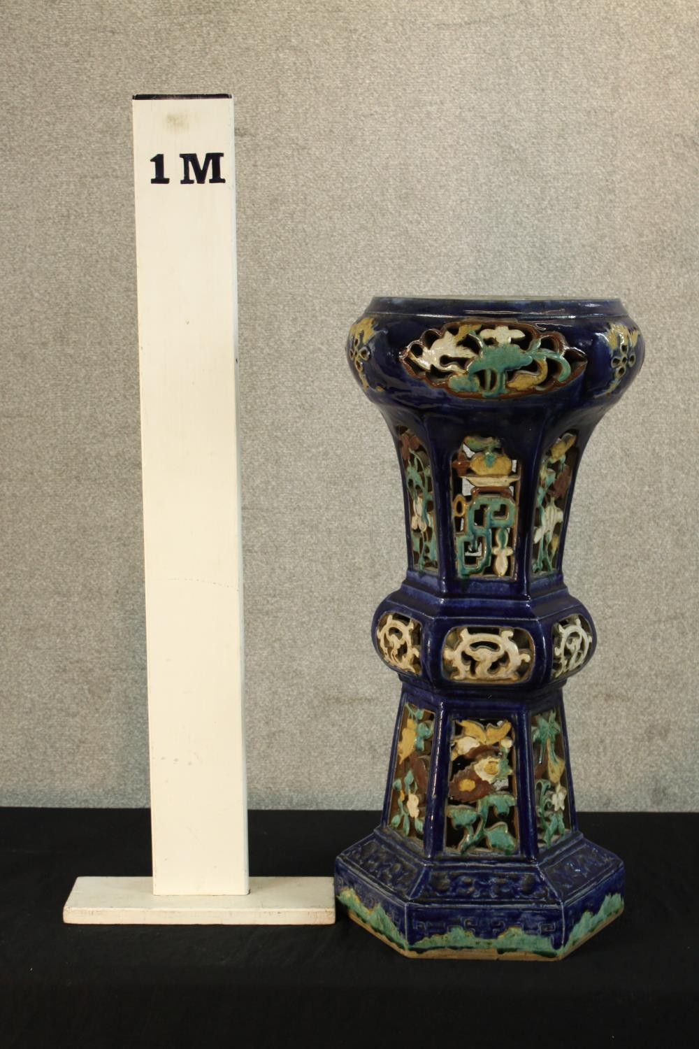 A 19th century Majolica tapering Gu shaped shaped floor standing pottery planter, raised on - Image 2 of 2