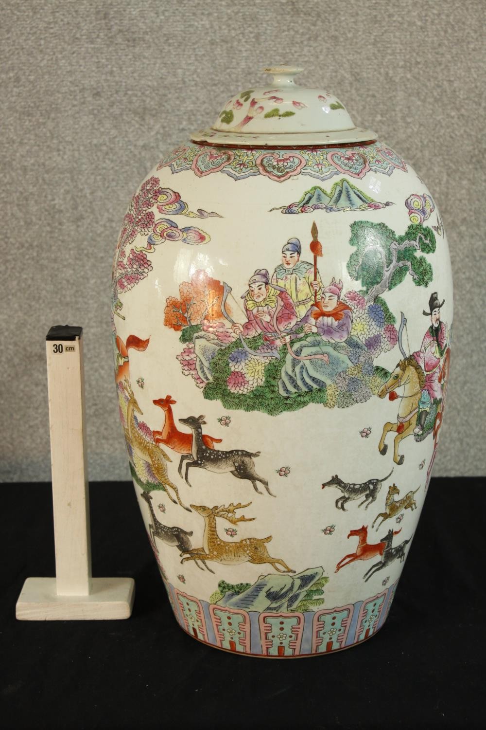 A Chinese famille Rose porcelain vase and cover decorated with Chinese gods and deer in the - Image 2 of 3