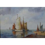 20th century, ships on the calm sea with two ladies on estuary, oil on canvas, indistinctly