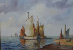 20th century, ships on the calm sea with two ladies on estuary, oil on canvas, indistinctly