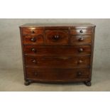 A 19th century inlaid mahogany Scotch style chest of drawers with turned knop handles, carved