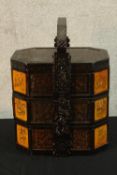 A 20th century Chinese carved lacquered three section food box with carrying handle. H.47 W.34 D.