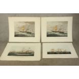 19th century, a set of four coloured prints of various ships on paper, each annotated, unframed. H.