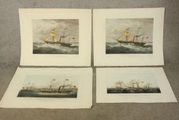 19th century, a set of four coloured prints of various ships on paper, each annotated, unframed. H.
