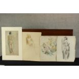 Late 19th/early 20th century, four pencil drawings and watercolours of nude females, each on