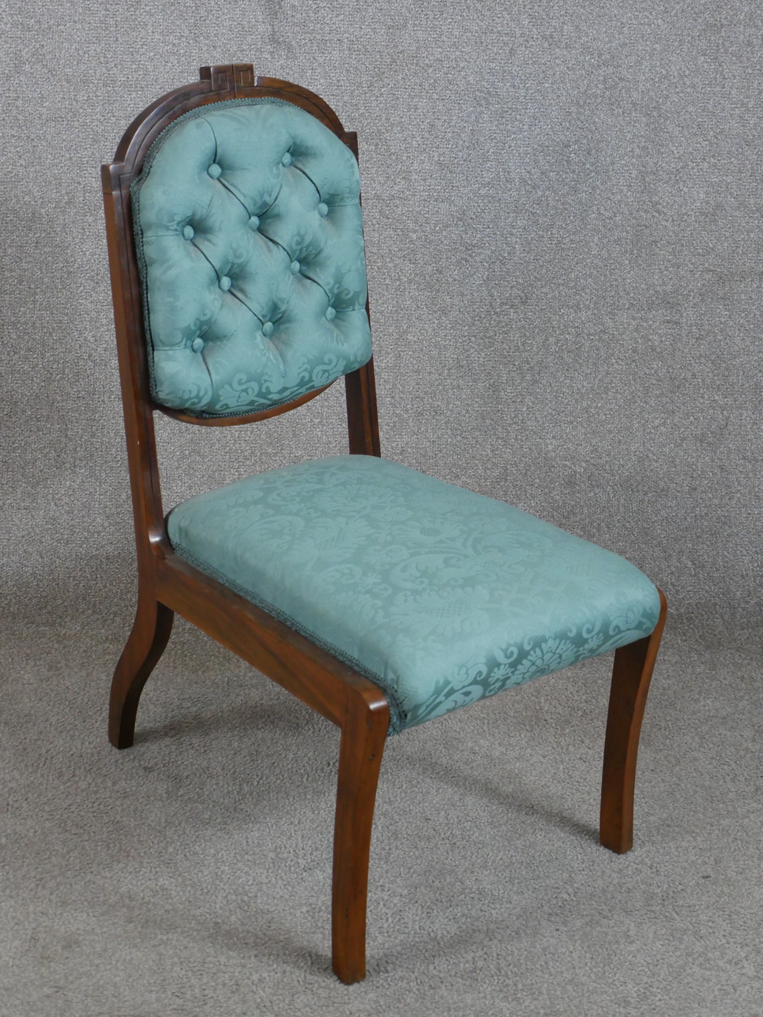 A 19th/early 20th century mahogany framed blue damask button back child's chair raised on sabre - Image 2 of 5