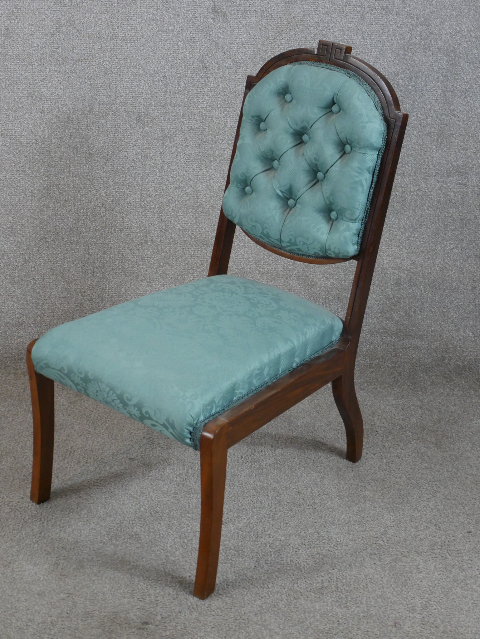 A 19th/early 20th century mahogany framed blue damask button back child's chair raised on sabre - Image 3 of 5