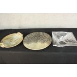 Two contemporary studio pottery bowls together with a modernist clear glass stepped glass diamond