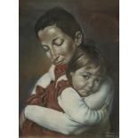 20th century, mother and child, print on paper, indistinctly signed and dated, framed. H.61 W.47cm.