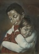 20th century, mother and child, print on paper, indistinctly signed and dated, framed. H.61 W.47cm.