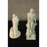 Two 20th century white painted porcelain figures, a man sitting on a pile of sacks together with a