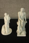Two 20th century white painted porcelain figures, a man sitting on a pile of sacks together with a