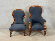 A 19th century mahogany framed gentlemen's spoonback armchair raised on turned supports