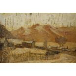 Russian school (20th century) mountainous farm buildings, watercolour on tree bark, unsigned and