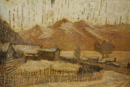 Russian school (20th century) mountainous farm buildings, watercolour on tree bark, unsigned and