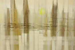 A large mid century modernist cityscape, acrylic on canvas, in a plain metal frame, indistinctly