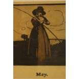 William Nicholson (1872-1949, British), May, a coloured woodblock print of a lady fishing, framed.