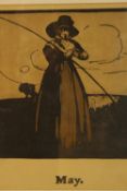 William Nicholson (1872-1949, British), May, a coloured woodblock print of a lady fishing, framed.