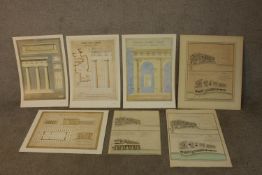 An assortment of 19th century coloured architectural drawings of Classical building style elements