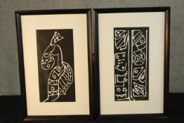 Two contemporary framed African prints, one indistinctly signed. H.59 W.39cm.