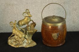 An early 20th century coopered oak and silver plated lidded biscuit box with swing handle,