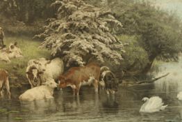 David Bandley, sheep & cattle bathing in the river, a 19th century framed coloured print, signed and