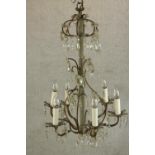 A 20th century gilt metal and cut glass six branch hanging electrolier. H.80cm.