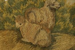 A 19th/early 20th century framed stumpwork style picture of two sheep in a field.
