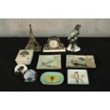Assorted glass ashtrays painted glass ashtrays together with a silver plated model of the Eiffel
