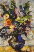 20th century, still life of flowers in a blue vase, acrylic on paper, unsigned and framed. H.59 W.